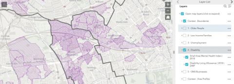 A map of a North Kensington ward where populations with disabilities is highlighted in a different colour to the rest of the population.