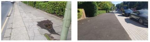 A before and after example of a residential pavement that has been resurfaced using type 3 material